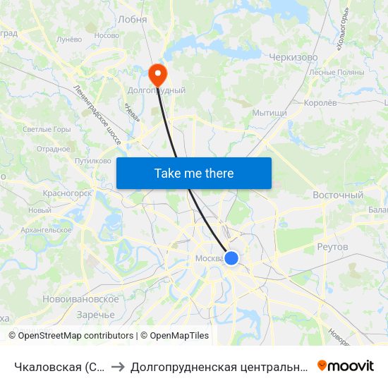 Чкаловская (Chkalovskaya) to Долгопрудненская центральная городская больница map