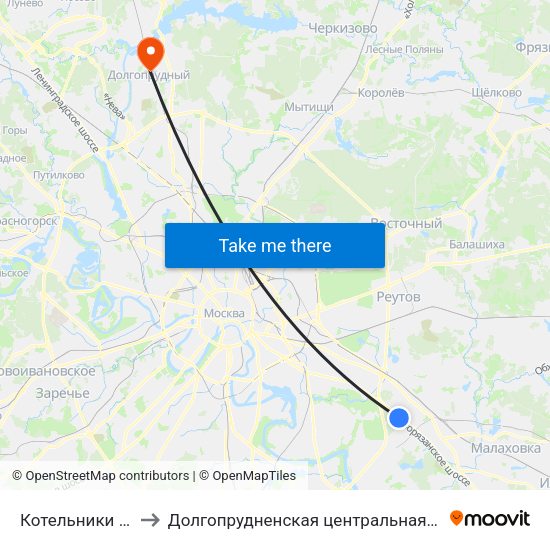 Котельники (Kotelniki) to Долгопрудненская центральная городская больница map