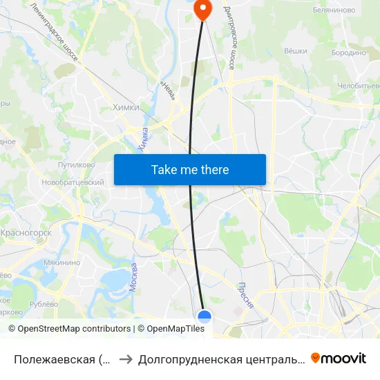 Полежаевская (Polezhaevskaya) to Долгопрудненская центральная городская больница map