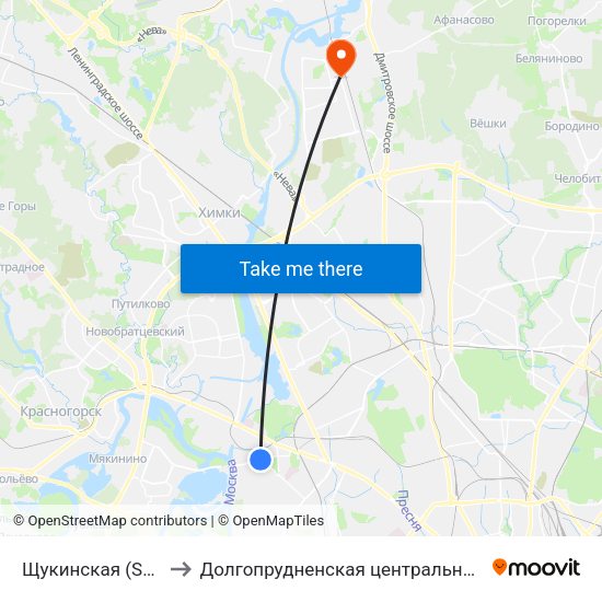 Щукинская (Schukinskaya) to Долгопрудненская центральная городская больница map