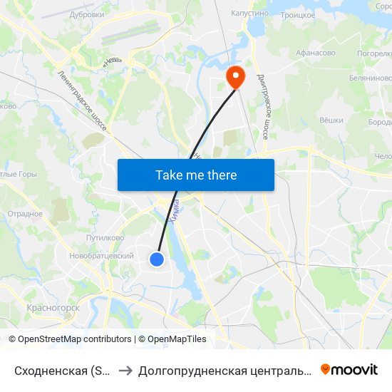 Сходненская (Skhodnenskaya) to Долгопрудненская центральная городская больница map