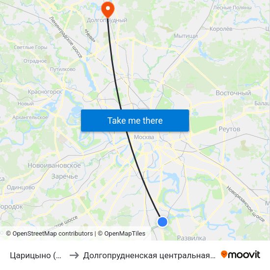 Царицыно (Tsaritsyno) to Долгопрудненская центральная городская больница map