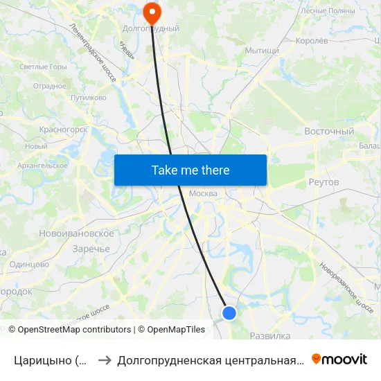 Царицыно (Tsaritsyno) to Долгопрудненская центральная городская больница map