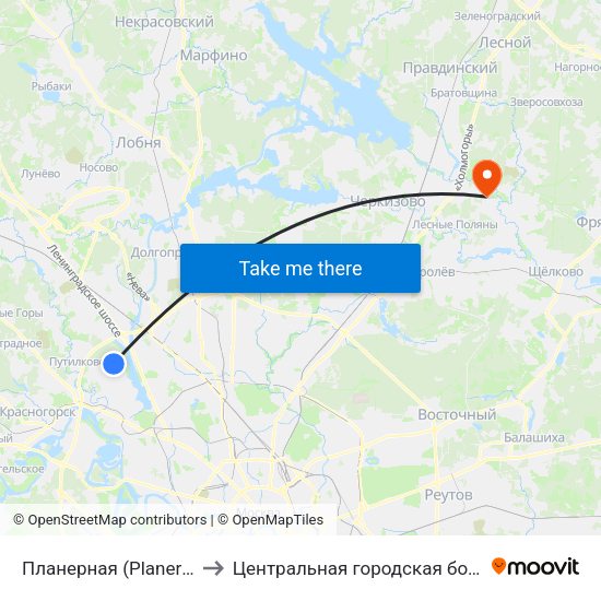 Планерная (Planernaya) to Центральная городская больница map