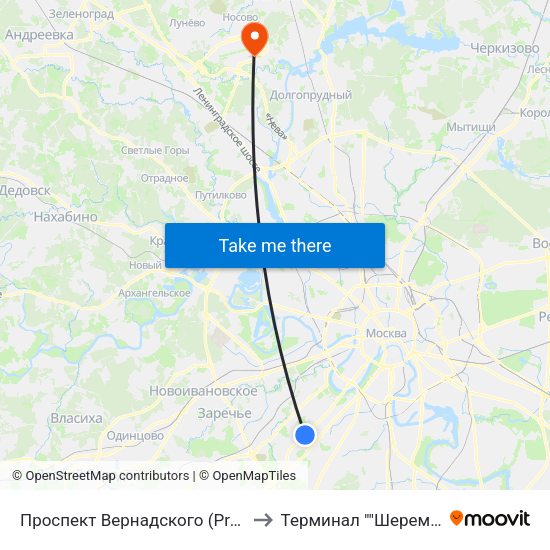 Проспект Вернадского (Prospekt Vernadskogo) to Терминал ""Шереметьево-Карго"" map