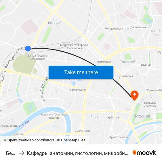 Беговая to Кафедры анатомии, гистологии, микробиологии академии им. И. М. Сеченова map