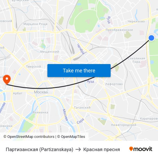 Партизанская (Partizanskaya) to Красная пресня map