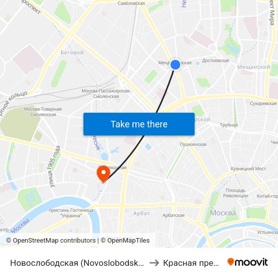 Новослободская (Novoslobodskaya) to Красная пресня map