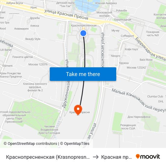 Краснопресненская (Krasnopresnenskaya) to Красная пресня map