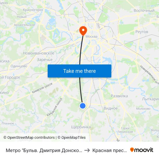Метро "Бульв. Дмитрия Донского" to Красная пресня map