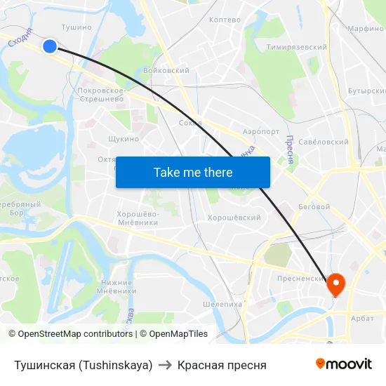 Тушинская (Tushinskaya) to Красная пресня map