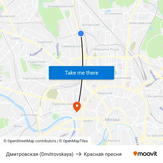 Дмитровская (Dmitrovskaya) to Красная пресня map