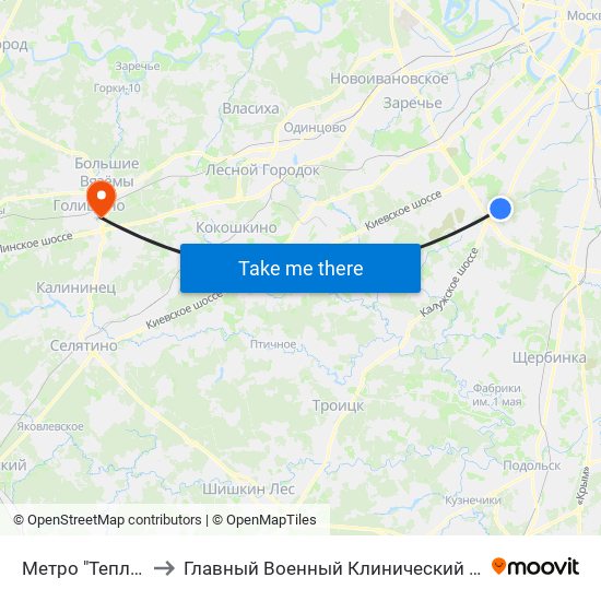 Метро "Теплый Стан" to Главный Военный Клинический Госпиталь ФСБ РФ map