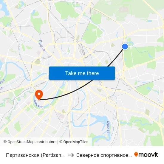 Партизанская (Partizanskaya) to Северное спортивное ядро map