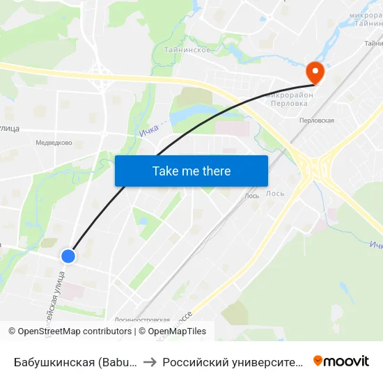 Бабушкинская (Babushkinskaya) to Российский университет кооперации map