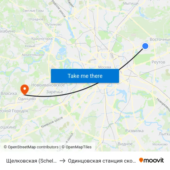 Щелковская (Schelkovskaya) to Одинцовская станция скорой помощи map