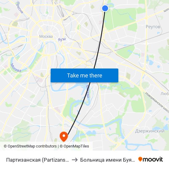 Партизанская (Partizanskaya) to Больница имени Буянова map