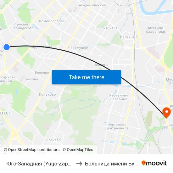 Юго-Западная (Yugo-Zapadnaya) to Больница имени Буянова map