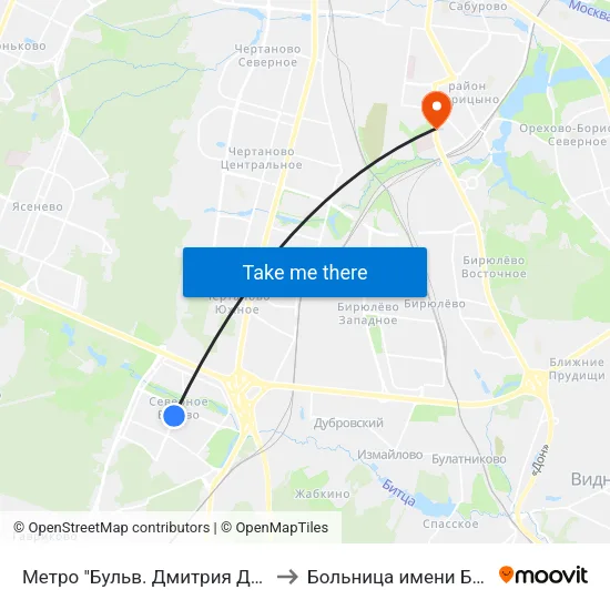 Метро "Бульв. Дмитрия Донского" to Больница имени Буянова map