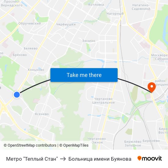 Метро "Теплый Стан" to Больница имени Буянова map