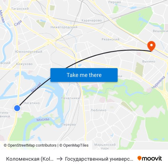 Коломенская (Kolomenskaya) to Государственный университет управления map