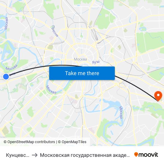 Кунцевская (Kuntsevskaya) to Московская государственная академия ветеринарной медицины и биотехнологии имени К. И. Скрябина map