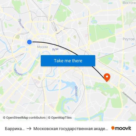 Баррикадная (Barrikadnaya) to Московская государственная академия ветеринарной медицины и биотехнологии имени К. И. Скрябина map