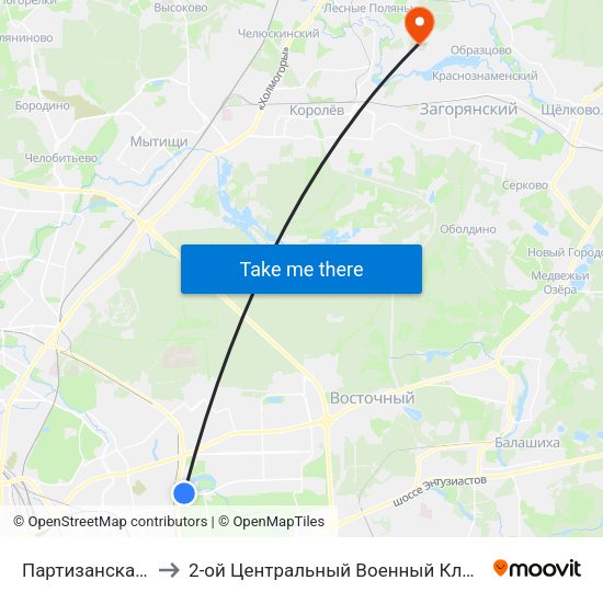 Партизанская (Partizanskaya) to 2-ой Центральный Военный Клинический Госпиталь им. Мандрыка map