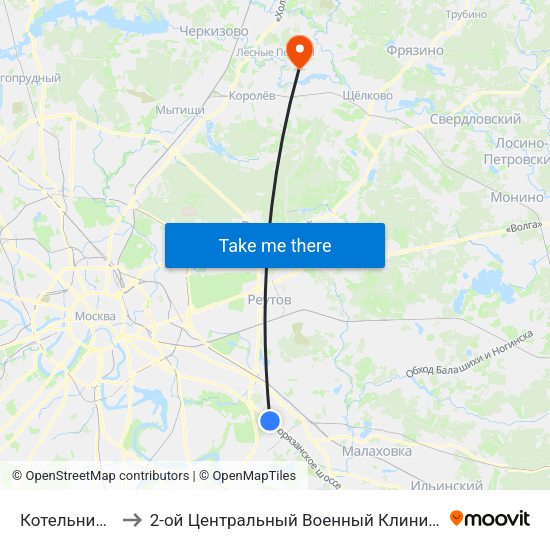Котельники (Kotelniki) to 2-ой Центральный Военный Клинический Госпиталь им. Мандрыка map