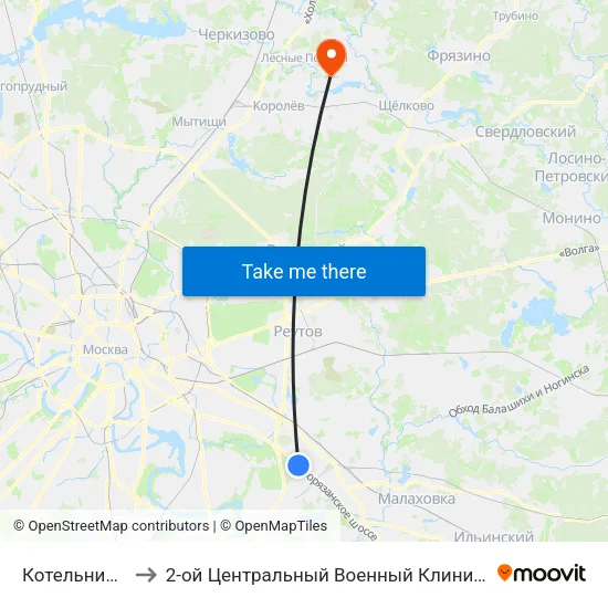 Котельники (Kotelniki) to 2-ой Центральный Военный Клинический Госпиталь им. Мандрыка map