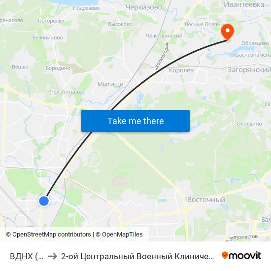 ВДНХ (VDNKh) to 2-ой Центральный Военный Клинический Госпиталь им. Мандрыка map