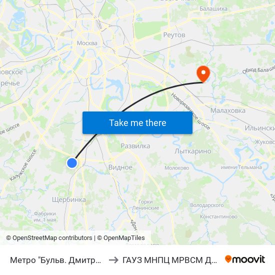 Метро "Бульв. Дмитрия Донского" to ГАУЗ МНПЦ МРВСМ ДЗМ, Филиал 3 map