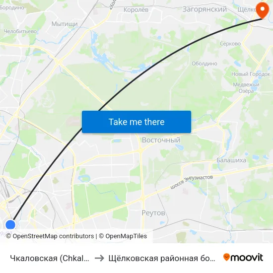 Чкаловская (Chkalovskaya) to Щёлковская районная больница № 1 map