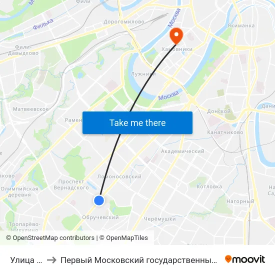 Улица Удальцова to Первый Московский государственный медицинский университет им. И. М. Сеченова map