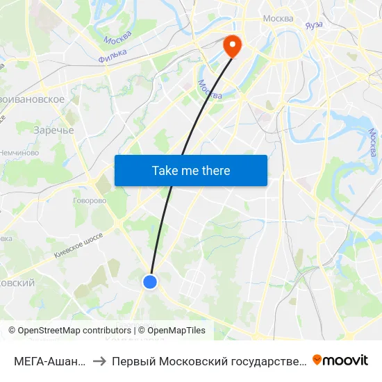 МЕГА-Ашан (МЕГА Тёплый Стан) to Первый Московский государственный медицинский университет им. И. М. Сеченова map