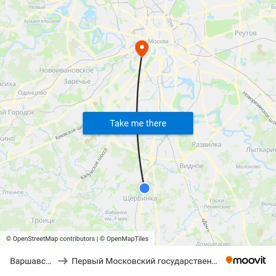 Варшавское шоссе д.261 to Первый Московский государственный медицинский университет им. И. М. Сеченова map