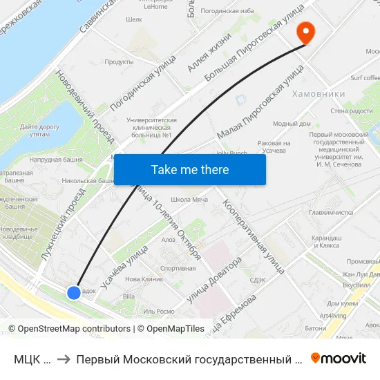 МЦК Лужники to Первый Московский государственный медицинский университет им. И. М. Сеченова map
