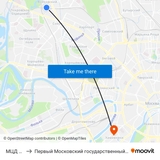 МЦД Стрешнево to Первый Московский государственный медицинский университет им. И. М. Сеченова map