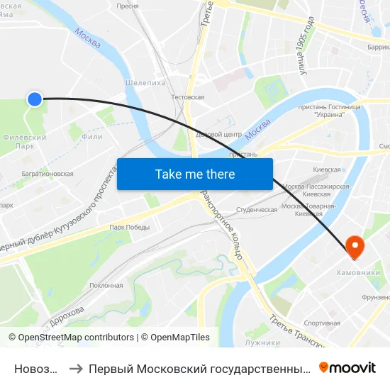 Новозаводская ул. to Первый Московский государственный медицинский университет им. И. М. Сеченова map
