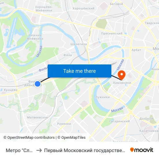 Метро "Славянский бульвар" to Первый Московский государственный медицинский университет им. И. М. Сеченова map
