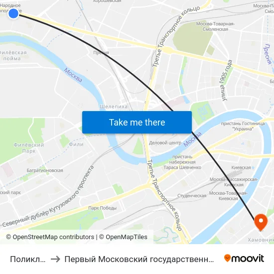 Поликлиника № 115 to Первый Московский государственный медицинский университет им. И. М. Сеченова map