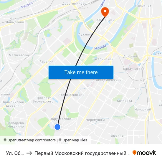 Ул. Обручева, 15 to Первый Московский государственный медицинский университет им. И. М. Сеченова map
