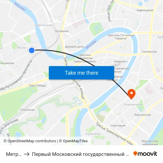 Метро "Фили" to Первый Московский государственный медицинский университет им. И. М. Сеченова map