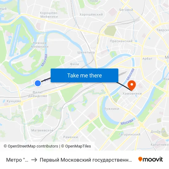 Метро "Пионерская" to Первый Московский государственный медицинский университет им. И. М. Сеченова map