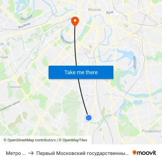 Метро "Пражская" to Первый Московский государственный медицинский университет им. И. М. Сеченова map