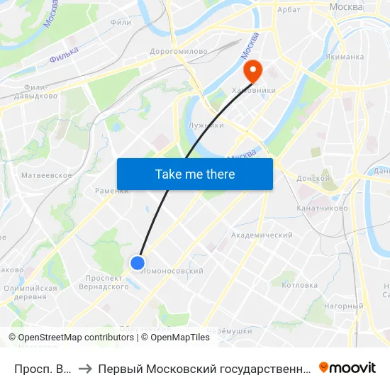 Просп. Вернадского, 33 to Первый Московский государственный медицинский университет им. И. М. Сеченова map