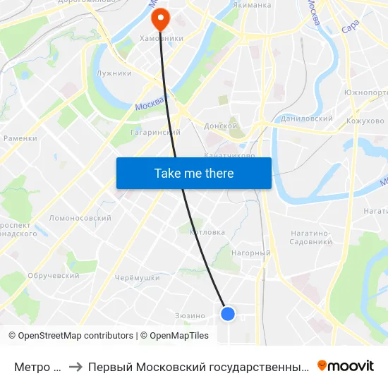 Метро "Каховская" to Первый Московский государственный медицинский университет им. И. М. Сеченова map