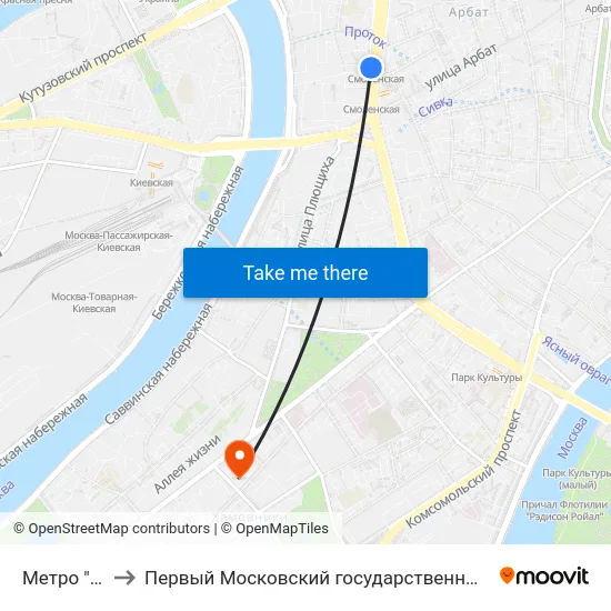 Метро "Смоленская" to Первый Московский государственный медицинский университет им. И. М. Сеченова map
