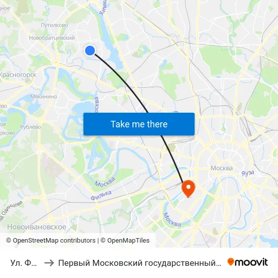 Ул. Фабрициуса to Первый Московский государственный медицинский университет им. И. М. Сеченова map