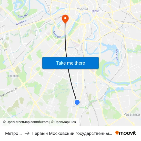 Метро "Пражская" to Первый Московский государственный медицинский университет им. И. М. Сеченова map